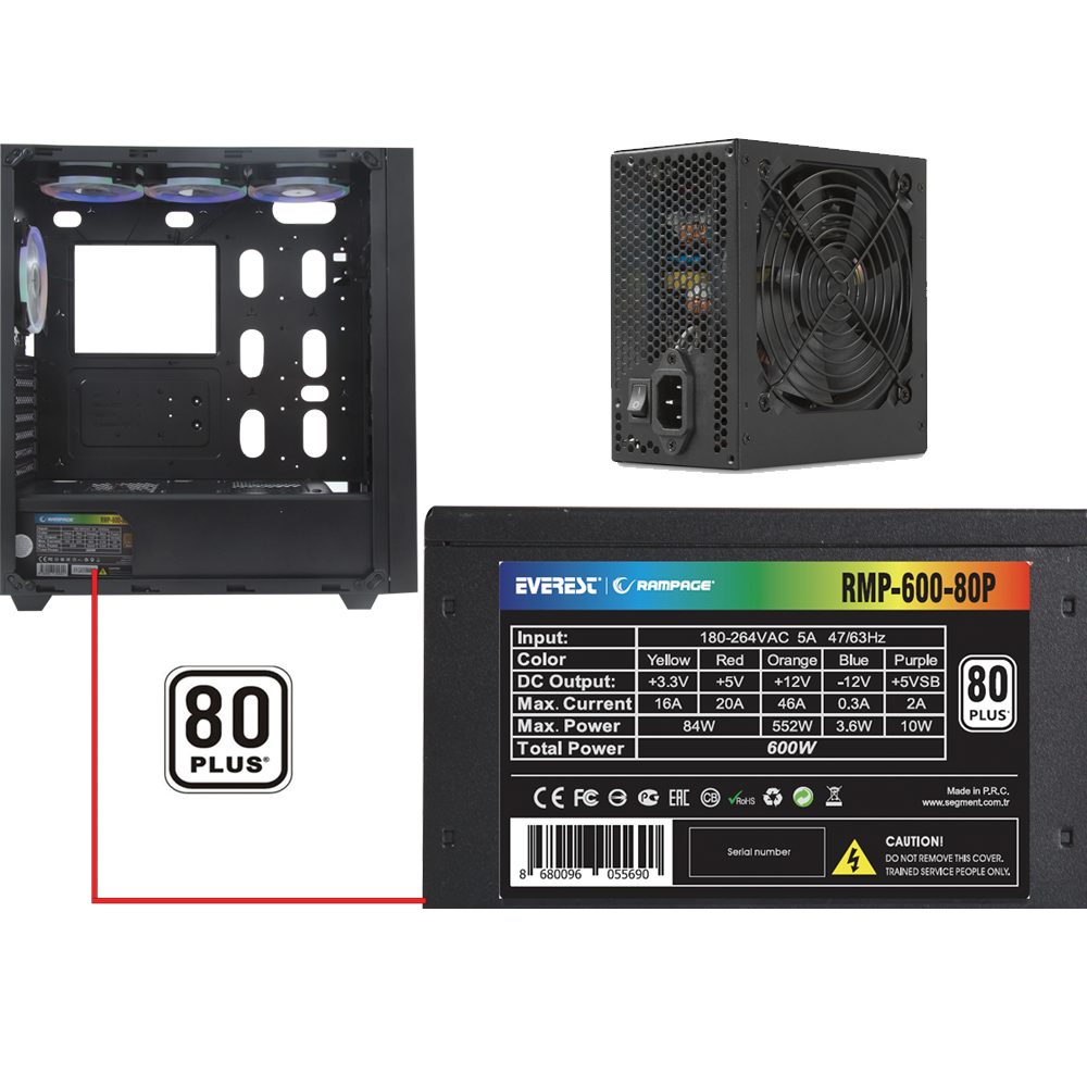 ALPHAX A Adet ARGB Fanlı 600W 80 Plus Bronze RGB Led Şerit 1*Usb 3.0